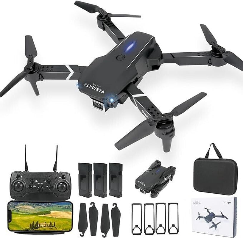 Mini Drone with Camera HD 1080P Foldable Quadcopter with 3 Batteries - Black