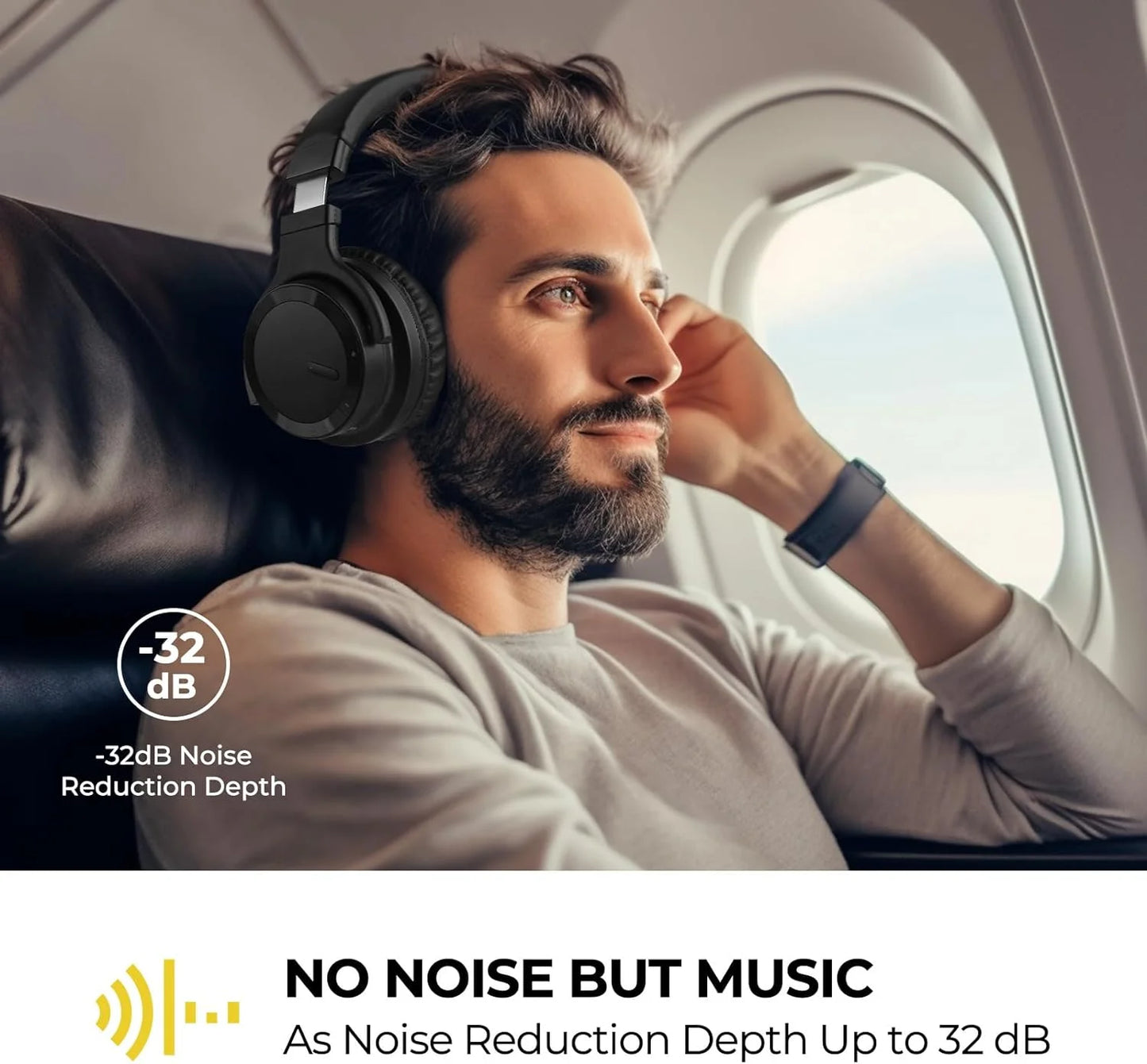 Bluetooth Headphones Active Noise Cancelling Headphones Wireless Headphones over Ear with Mic Deep Bass, Comfortable Protein Earpads, 30 Hours Playtime for Travel/Work, Black